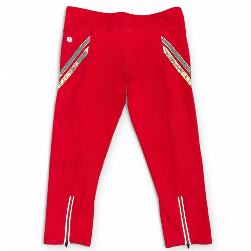 Fabletics "Aria" Ruby Red Capri Leggings with Reflective Accents | Women’s S